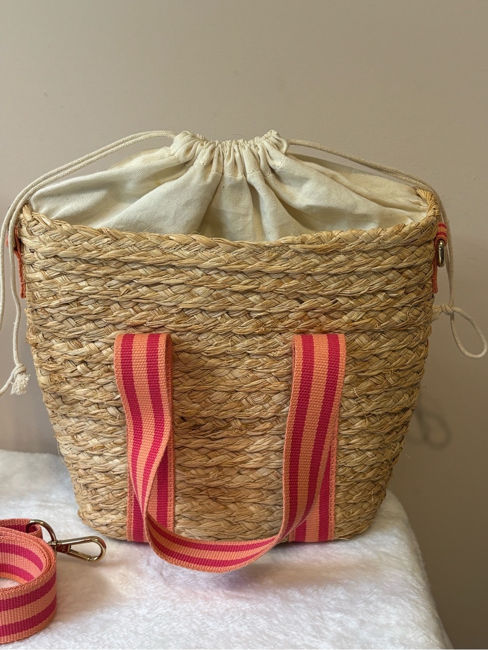 J. Crew Raffia Mini Tote Bag with Drawstring shoulder/crossbody NWOT